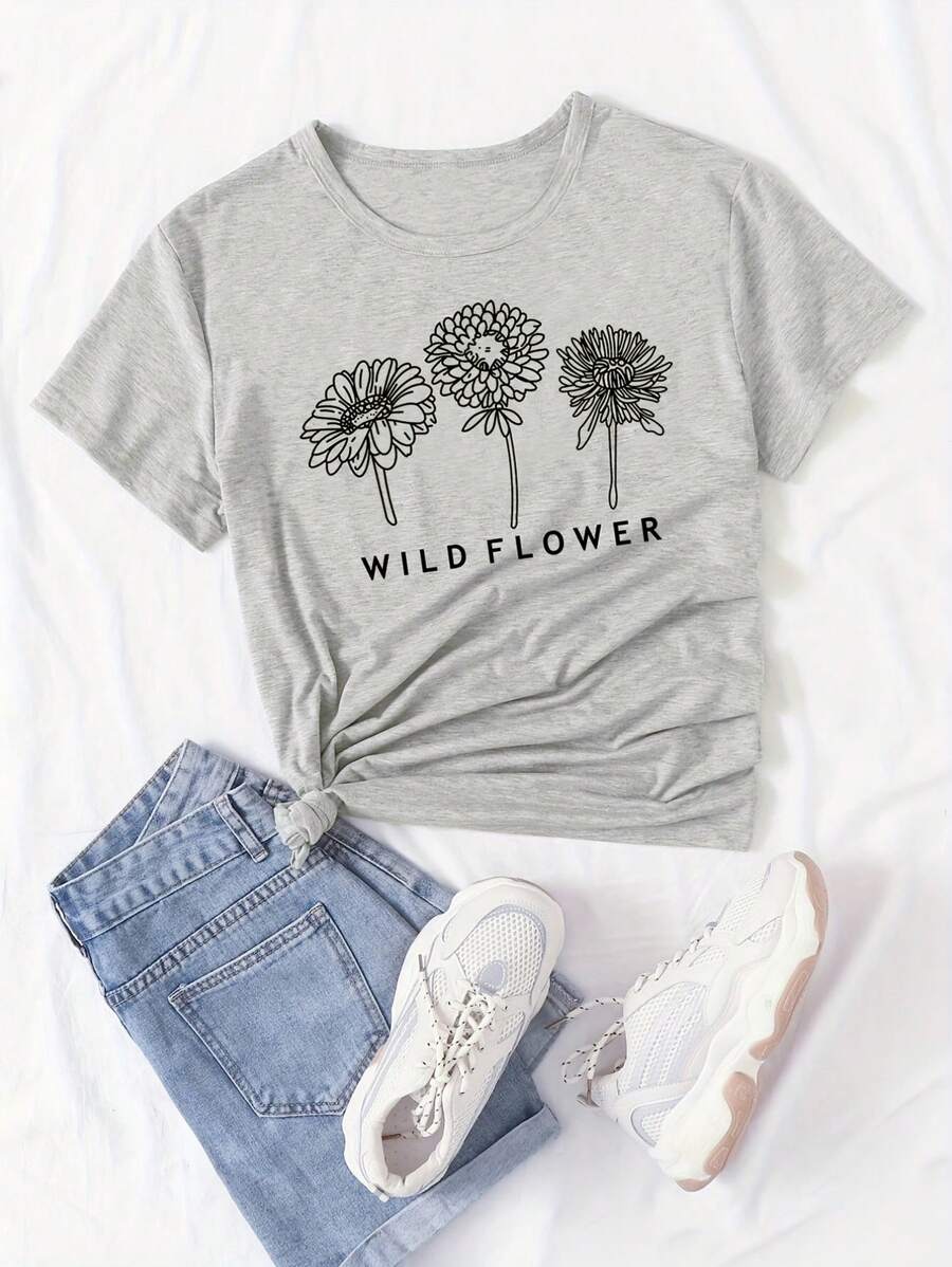 Tween Girl Wild Flower Print Creative T-Shirt, Casual Light Weight Comfy Short Sleeve Tee Tops, For Summer