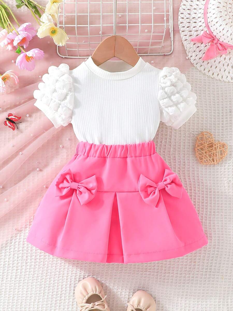 Kleine Mädchen Sommer Set mit Puffärmel Kurzarm T-Shirt und Schleife Rock