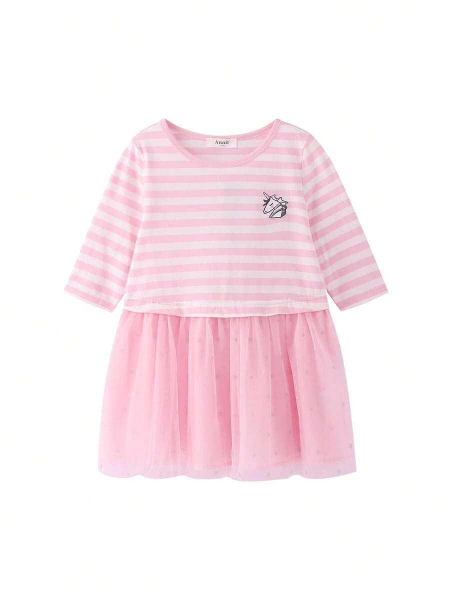 Annil Tween Girls 3/4 Sleeves Dress Spring/Summer Leisure Stripe Spliced Dress