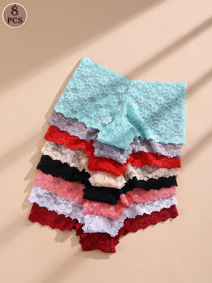 8pcs Women's Multi-Colored Sexy Lace Panties, Low Waist Hollow-Out Temptation Boyshorts Lingerie