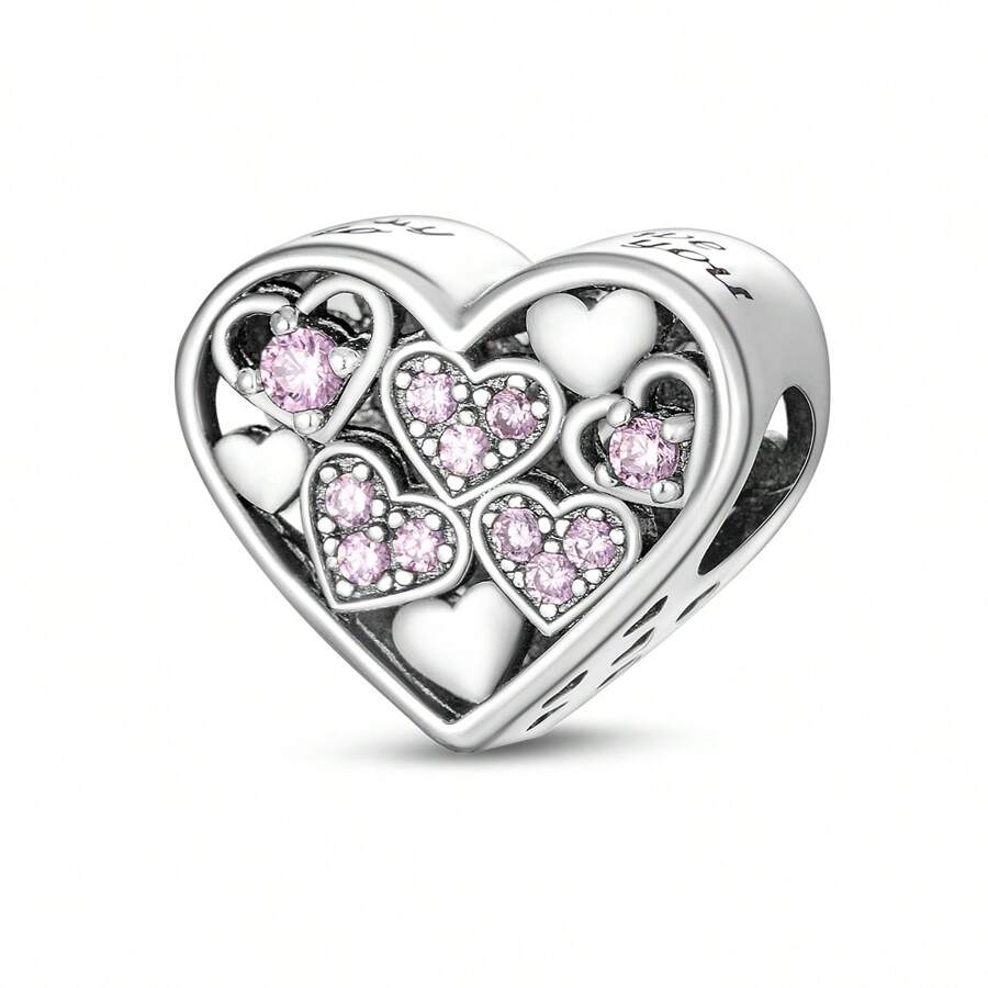 1 pièce Charm perles en forme de cœur avec zircone cubiques roses exquis de couleur argent, convient pour les bracelets serpent, les colliers pendentifs. Idéal pour la fabrication de bijoux DIY, cadeau pour petite amie pour la Saint-Valentin, anniversaire