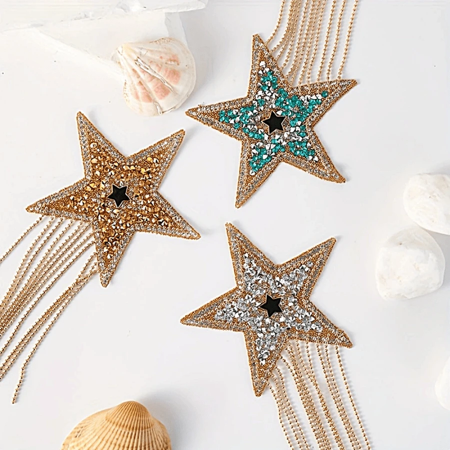 1 grote, nieuwe, veelkleurige, vijfhoekige stervormige kwast
met kristallen strass-steentjes voor hittereparatie, decoratief strijkijzer
voor kleding, schoenen en hoeden, en DIY-patroonaccessoires voor bagage