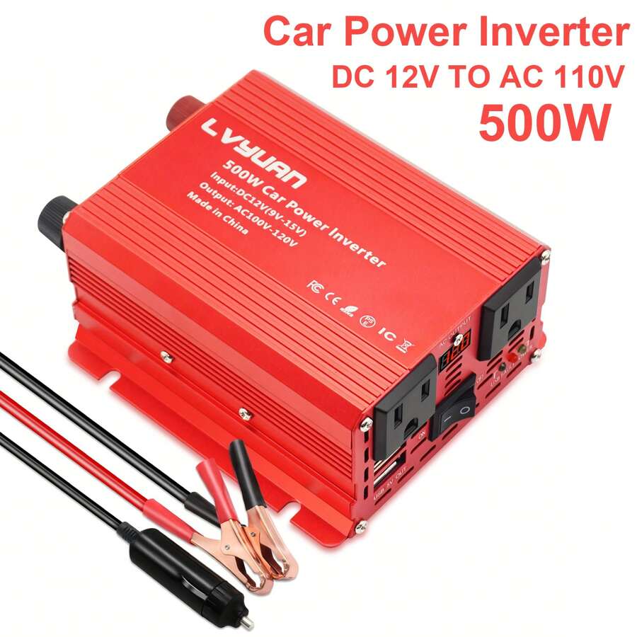 1 X Inversor de energía para coche de 500W, convertidor de 12V a 110V con 2 tomas de corriente, 2 puertos USB y pantalla LED para coche
