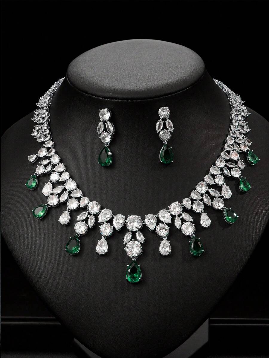 1 set/3 pièces Collier et boucles d'oreilles en zircone cubique de cuivre de mode européenne et américaine pour mariage ou soirée, bijoux haut de gamme avec décoration en goutte d'eau pour vêtements festivaliers femmes