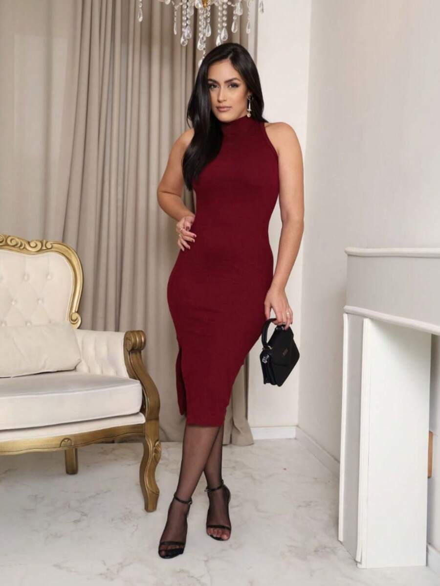 Entre Elas Moda Feminina - Vestido Midi Gola Alta para Eventos Sofisticados - Veste do 38 ao 46