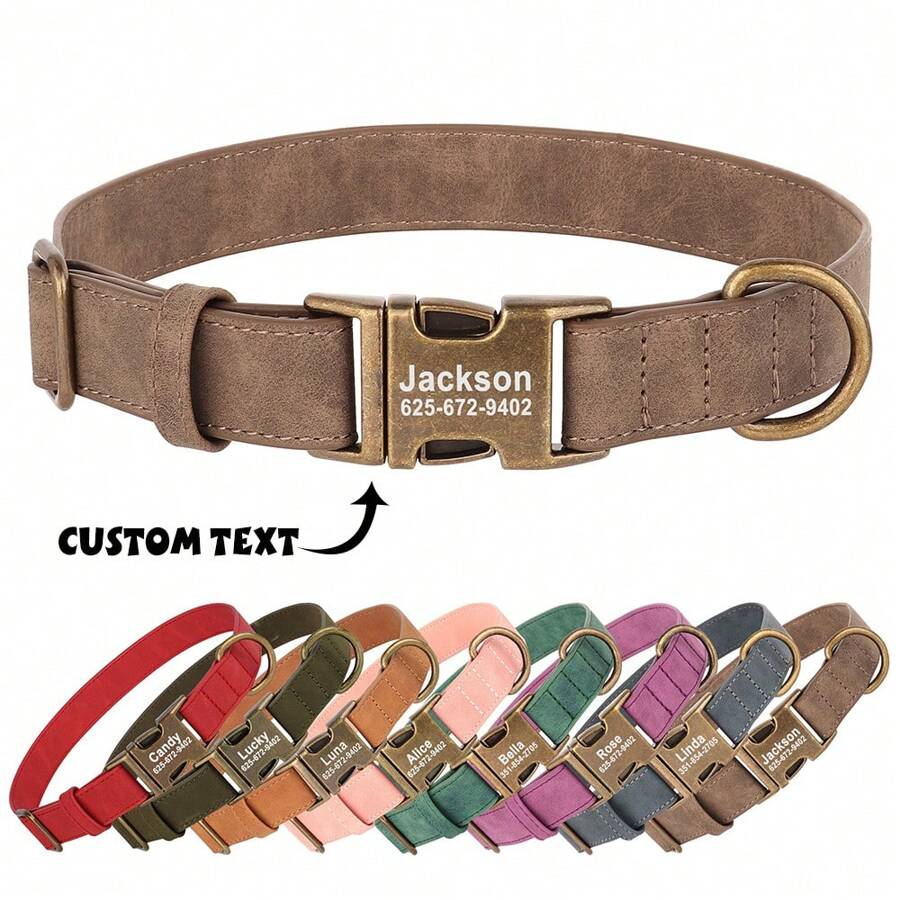 Customizable PU Vintage Dog Collar With Engraved Name, Solid Color Leather Adjustable Collar, Anti-Lost, Available In Purple, Pink, Blue, Green, And Brown Ornamental Stylish,Contracted,Colorful,Cute,Cuties,Vintage Unique,Personalized,Custom Christmas Decor,Dog Name/ID Tags Personalized,Personalized Dog Collars,Treasure Finds Ideal Gifts For Him Her,Family,Friends,Pet Lovers,Pet For Anniversaries,For Birthdays,For Christmas,For Housewarming,For Fall/Autumn/Winter