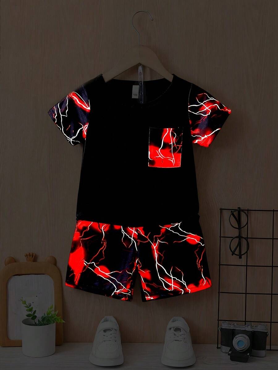 2pcs Young Boy Red Lightning Print Short Sleeve T-Shirt And Shorts Set - Comfy And Stretchable Outfit For Children