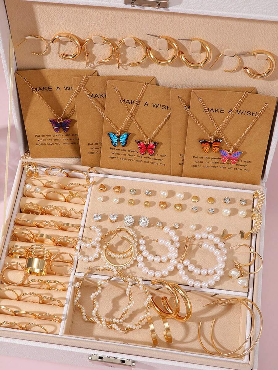 Conjunto de 99 piezas de colgantes minimalistas con diseños de mariposa, geométricos, retorcidos, perla falsa, corazón, infinito, multicapa, rhinestone y en forma de C para mujer, que incluye aretes, pendientes, aros y anillos, adecuado para citas, fiestas, uso diario, festivales, sin caja de regalo para San Valentín, mamá, madre, Día de la Madre