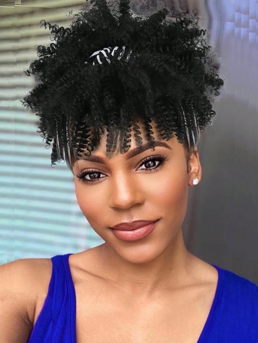 Parrucca Fascia Con Frangetta Di Colore Nero Per Donne. Parrucca Sintetica Afro Corta Riccia Nera E Bianca Strisce Con Fascia Riccioli Neri Naturali Di 4 Pollici
