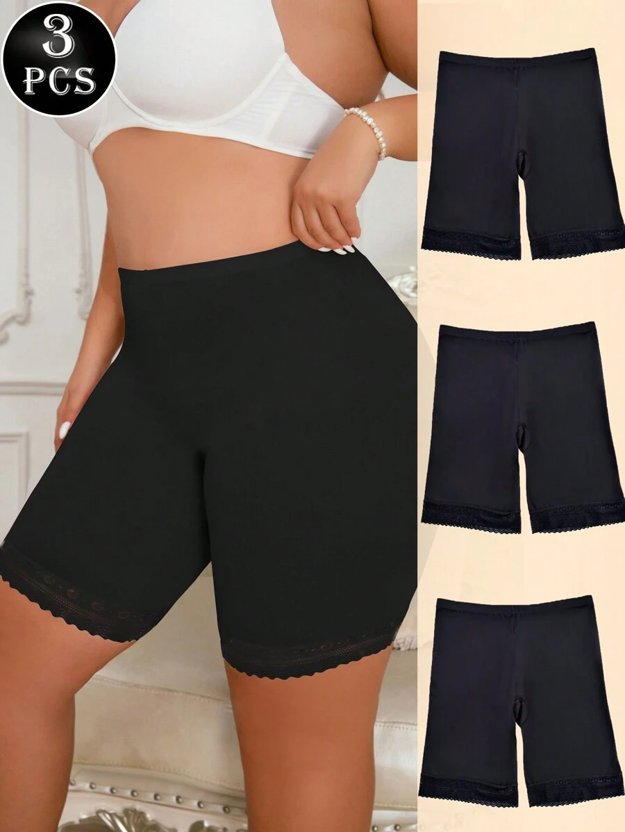 3 piezas Bragas de bikini con panel de encaje transpirable de talla grande, negro