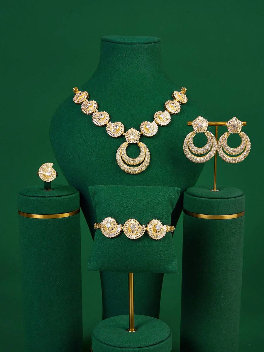 4pcs Luxury Fully Paved Rhinestone Wavy Pendant Jewelry Set Includes Necklace, Earrings, Ring, Bracelet - Suitable For Girlfriend, Gift, Formal Event, Wedding Dress Accessories