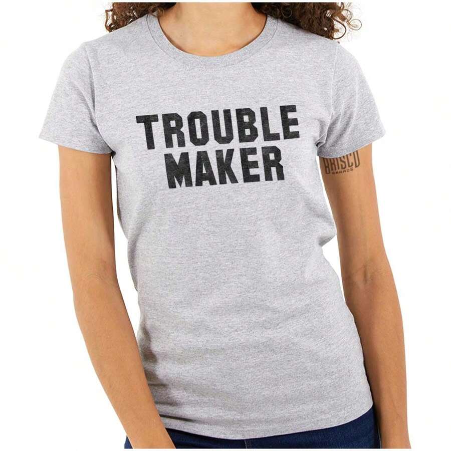 Attitude Womens Fitted Graphic Tee Shirt Cool Distressed Funny Joke Sarcastic Humor Troublemaker Slogan Ladies Casual Slim Fit Fashion Cotton Printed Short Sleeve Crewneck Tshirt Brisco Brands