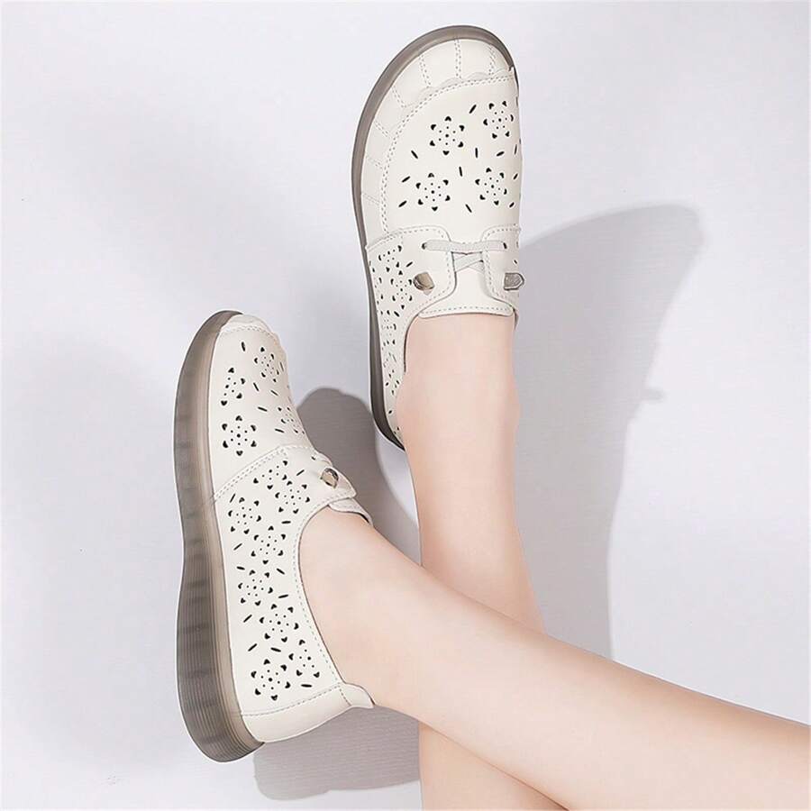 Women's Hollow Out Leather Loafers, New Summer Style Slip-On Soft Flat Sole Shoe, Casual Mom Shoes, Moccasin