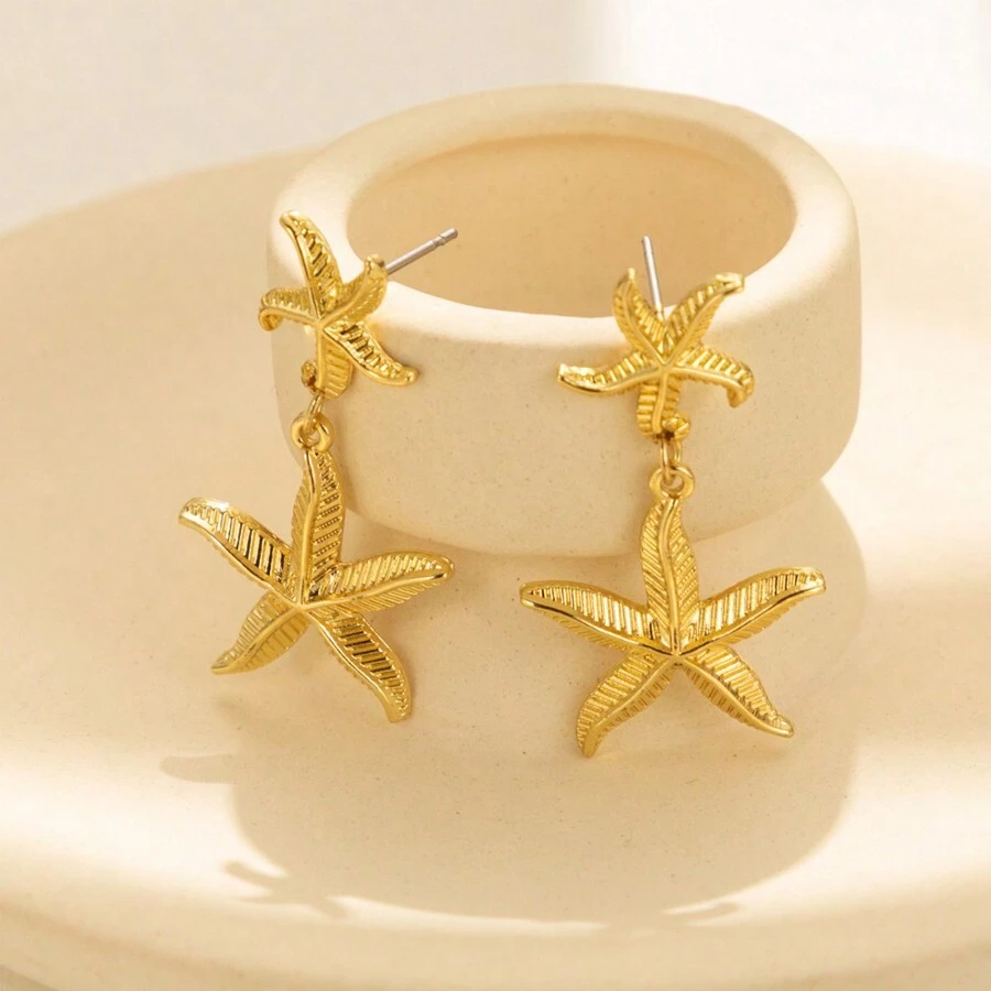 1 Paar europäisch-amerikanischer Luxus Strand Messing Muschel Seestern Anhänger Ohrringe, bohemian Ozean Tier Ohrschmuck, einfaches Alltagszubehör, Frauenschmuckzubehör ideal als Geschenk für Freunde, Festivals, Valentinstag, Mutter, Muttertag