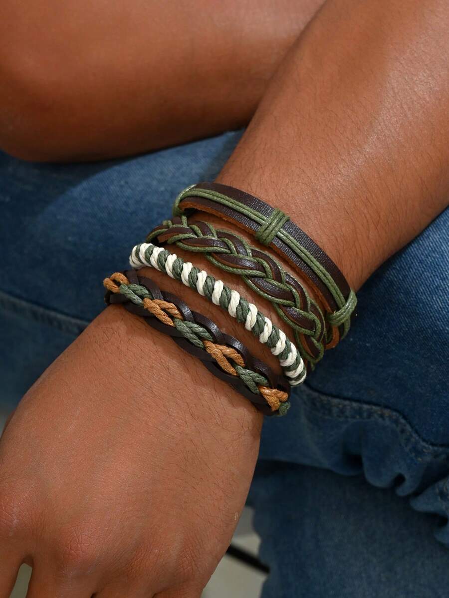 4-Piece Boho Style Fashion Personality Handwoven Twine Popular Multi-Layer Leather Bracelet Set For Men And Women