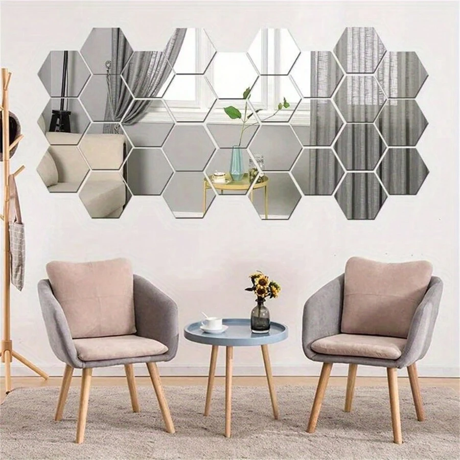 48 piezas Pegatinas de espejo de pared hexagonal de acrílico, espejos decorativos desmontables, adornos artísticos con forma hexagonal autoadhesivos para decoración del hogar, pegatinas, vinilos decorativos para decoración del hogar, artículos de decoración de primavera para renovar su hogar, pegatinas de decoración Rama