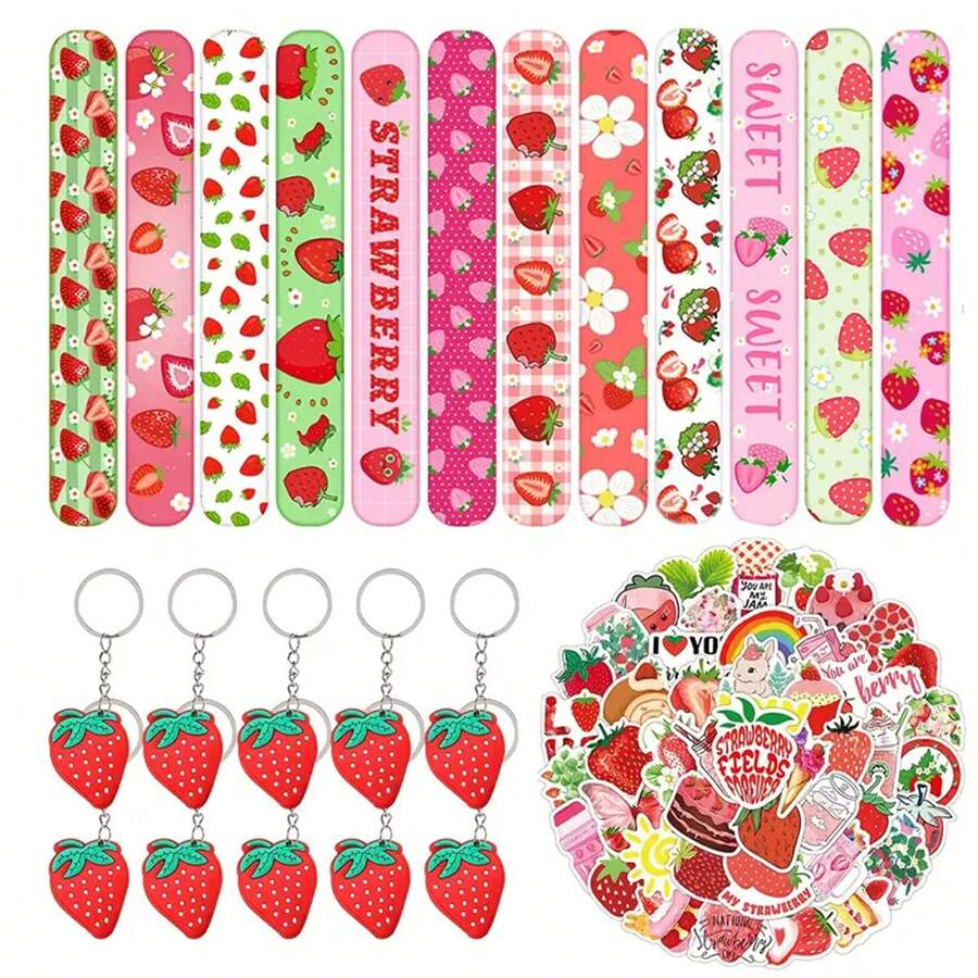 Juego de regalo de fiesta, 72 piezas, que incluye: Tarjetas de papel (50 piezas), Llaveros con forma de fresa (10 piezas), Pulseras con aplauso de PVC (12 piezas), Pequeños regalos para decoración de fiesta de vacaciones, Navidad