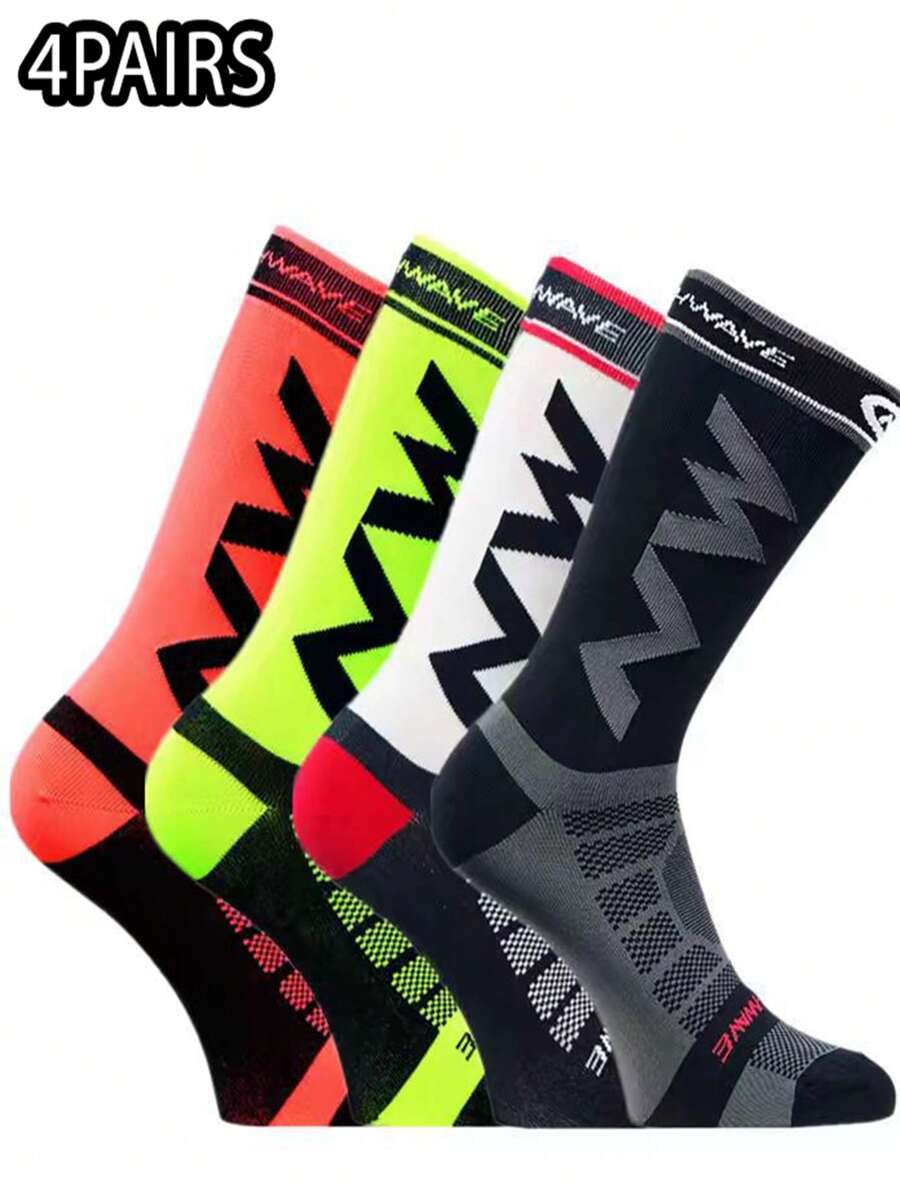4 Pairs Of Men's Cycling Socks Highway High Stretch Sports Socks Bicycle Mid-Tube Socks