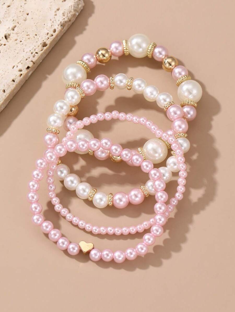 Set de 4 piezas, pulsera con dijes en forma de corazón y perla, color rosa y blanco, accesorio diario para niñas