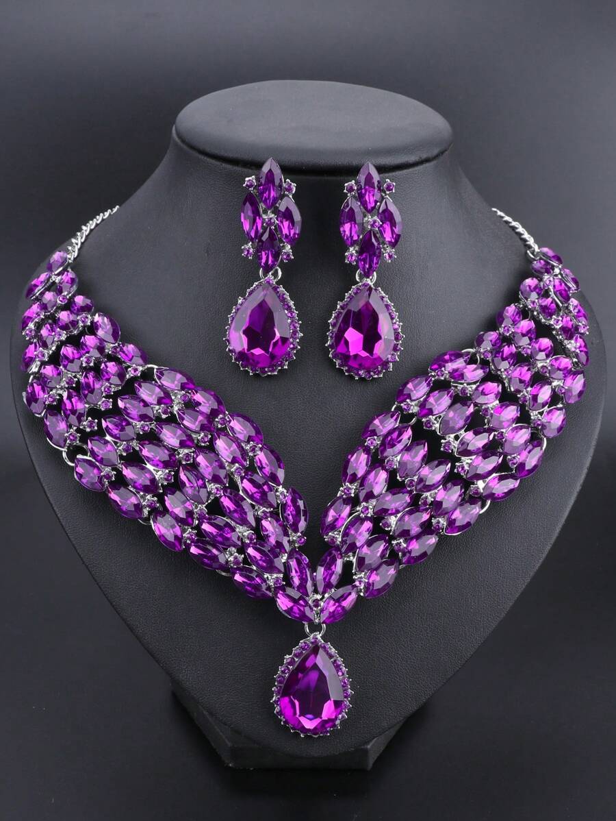 1pc Luxurious And Fashionable Crystal Water Drop Pendant Silver Necklace Earrings Jewelry Set, Perfect For Women's Wedding, Party And Formal Dressing Up