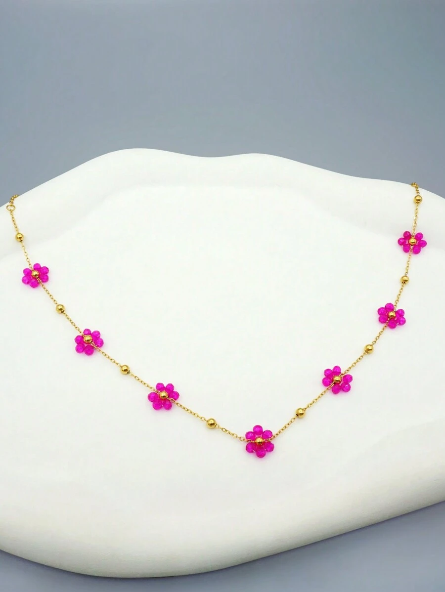 1 Stück Sommer Modisches Niedliches Mädchen Neuer Stil Titan Stahl Kleine Blumenkette, Bunte Perlen Schlüsselbeinkette, Edelstahlschmuck für Dates, Schuljahresbeginn, Hochzeitssaison, Bohemian Style Urlaub