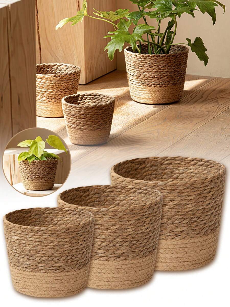 Nueva maceta tejida de paja de mar estilo nórdico, maceta de ratán, cesta de decoración del hogar, cesta de almacenamiento de plantas multifuncional para el jardín (el tamaño real puede variar ligeramente)