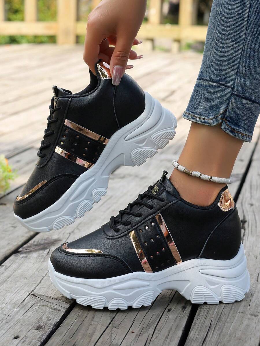 1pair Women Black Leather Casual Sneakers, Platform Wedge Heel Chunky Sneakers With Insole, Suitable For Casual, Vacation, Date, Rose Gold Stripes, Elegant Minimalist Classic, 7.5cm Heel Height