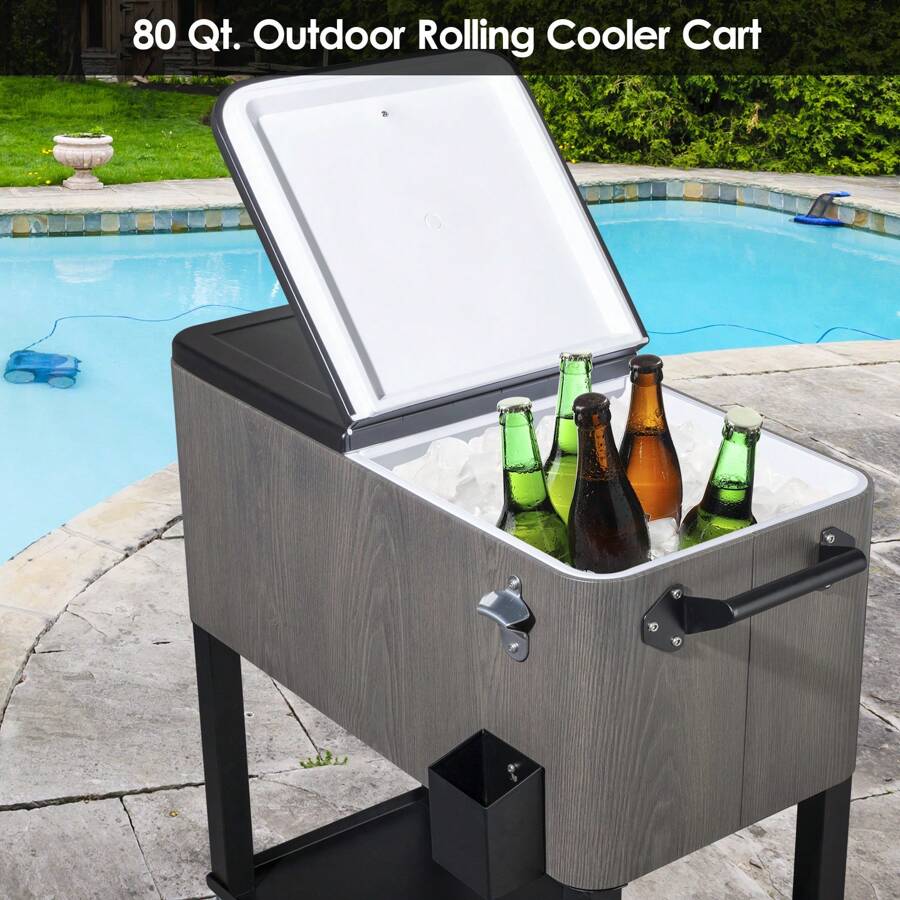 80QT Gray Imitation Wood Grain Black Iron Foot Pipe With Drainage Pipe, Frozen And Insulated Cart 87.5 * 91 * 38.5CM Rectangular Plastic Box