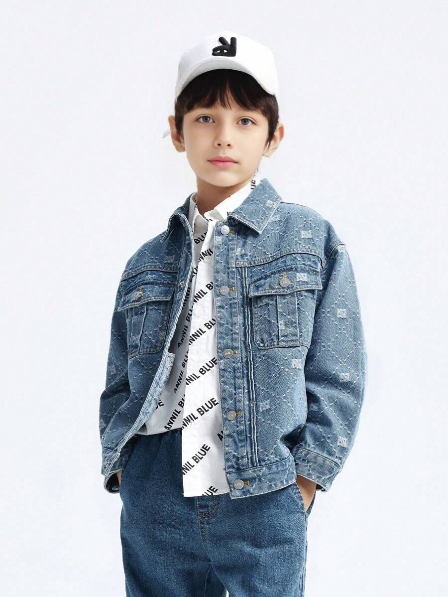 Annil Chaqueta de mezclilla de jacquard diamante versátil de moda para niño preadolescente para primavera y otoño