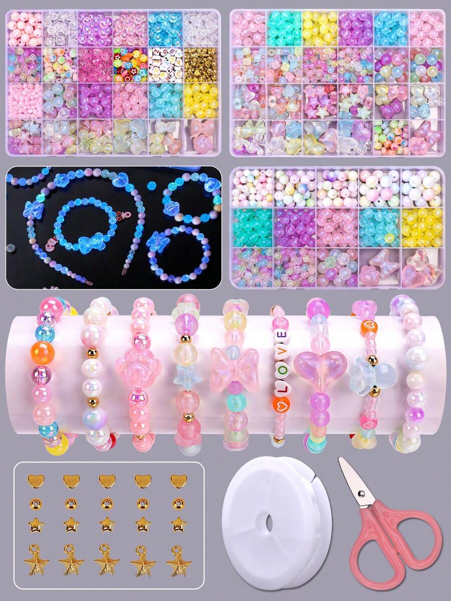 Juego para que los niños hagan collares, pulseras, aretes y anillos con cuentas. Kit de manualidades con materiales para que los niños hagan joyas y adornos, regalos hermosos de accesorios para niños en fiestas