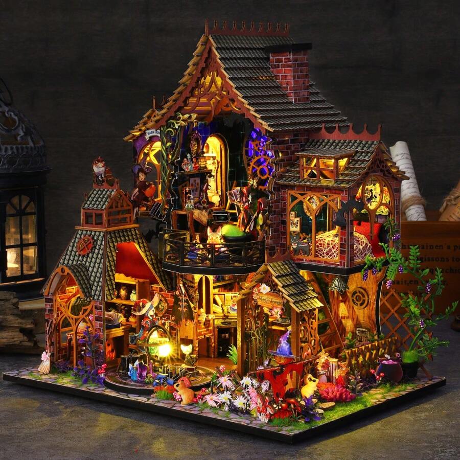 Modèle d'assemblage de villa de château magique Poupée maison miniature Kit, jouet d'artisanat de puzzle en bois 3D, Décoration de chambre DIY, Pour Garçons et filles cadeaux d'anniversaire, de Pâques, d'Halloween et de Noël