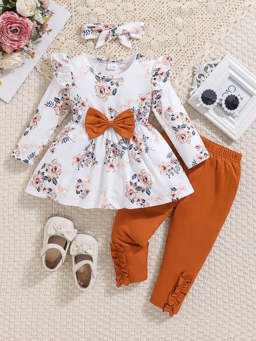 Baby Girl Floral Printed Peter Pan Collar Long Sleeve Top Plus Solid Color Long Pants, Autumn/Winter