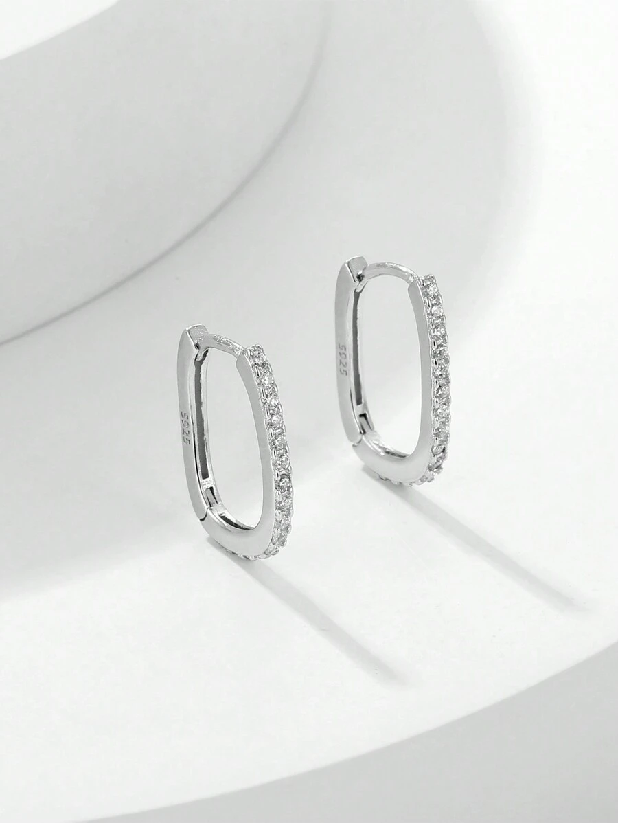 HuooNew 1pair Advanced 925 Sterling Silver Ellipse & Square Shape Micro Inlaid Cubic Zirconia Earrings, Unisex Silver Jewelry For Gift
