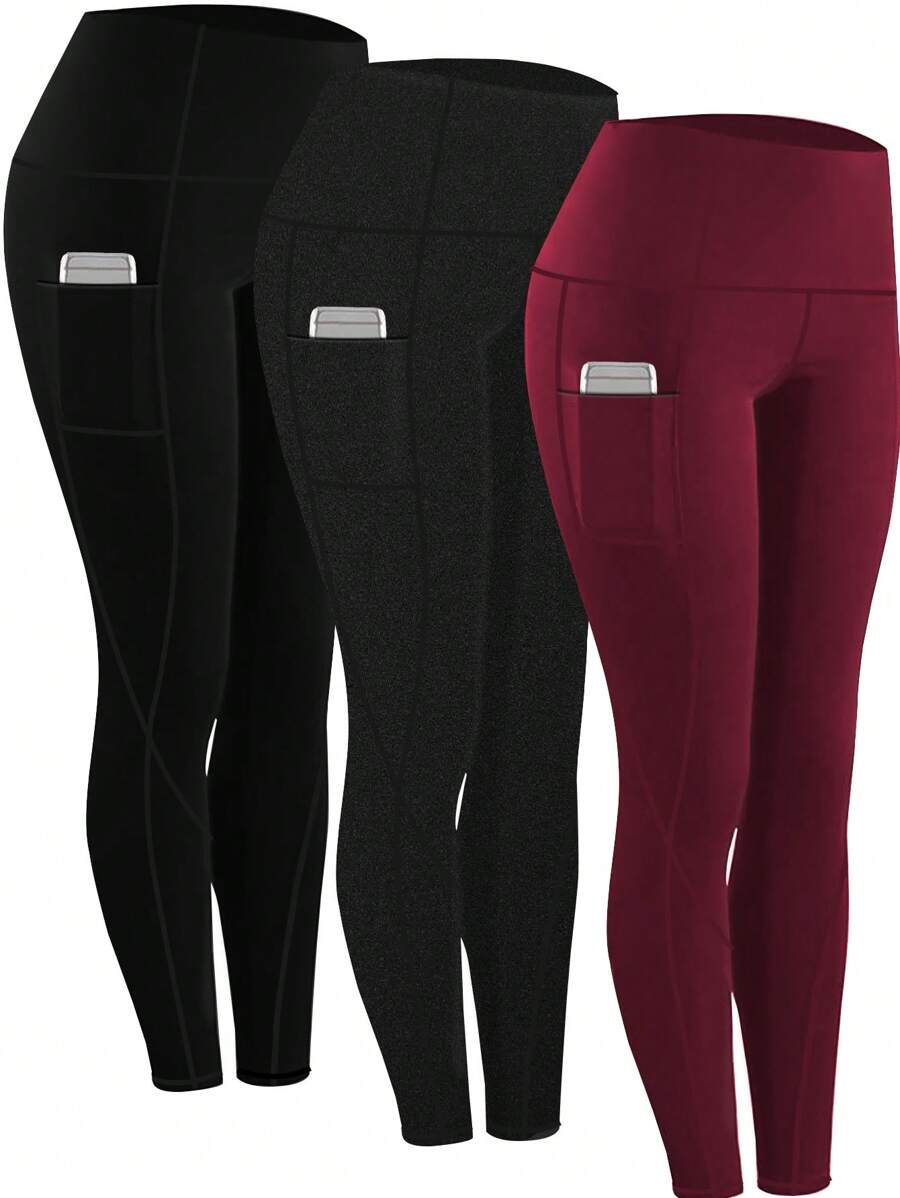 3 Pcs Set High Waist Yoga Pants With Pockets, Fit Workout Leggings For Sports, Running, Fitness