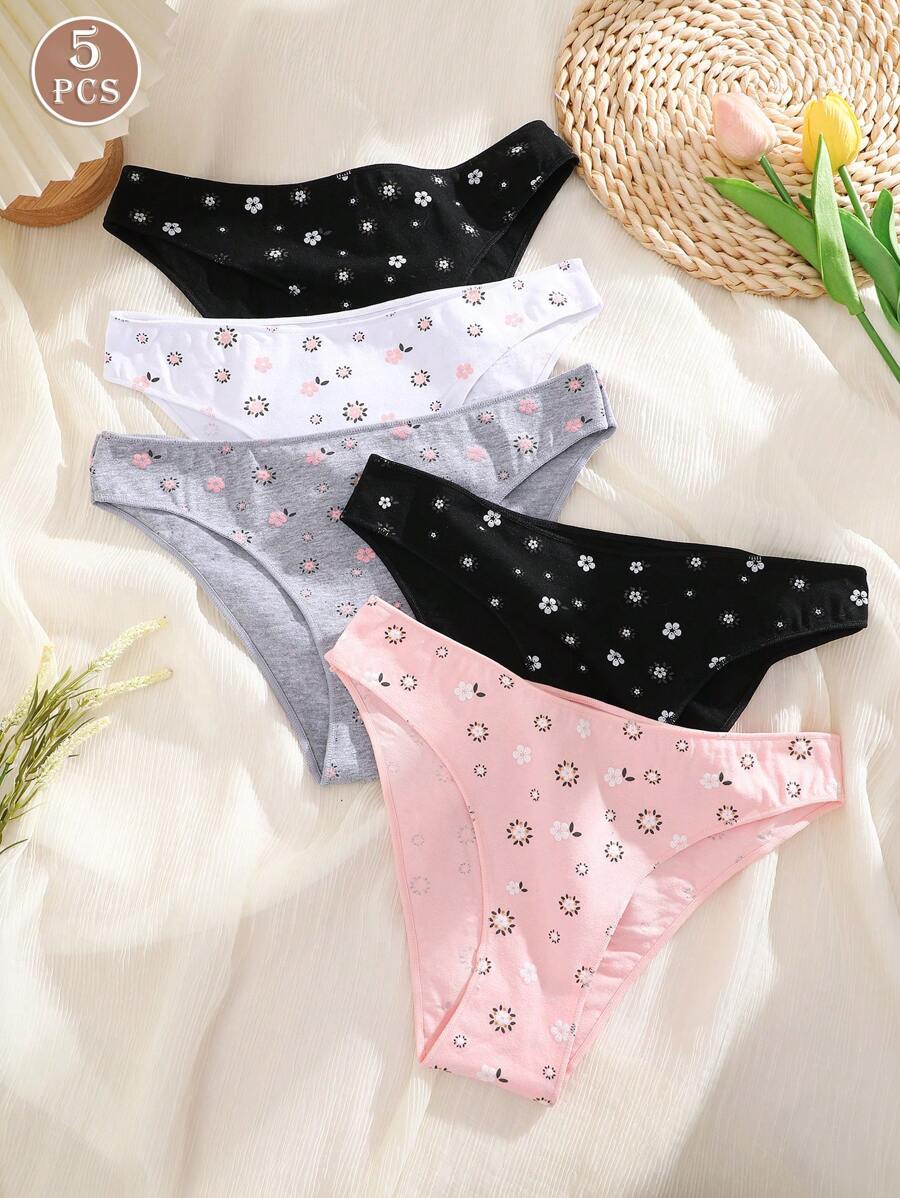 FINETOO Conjunto de 5 piezas de braguitas elegantes y románticas para mujer con estampado floral en forma de triángulo
