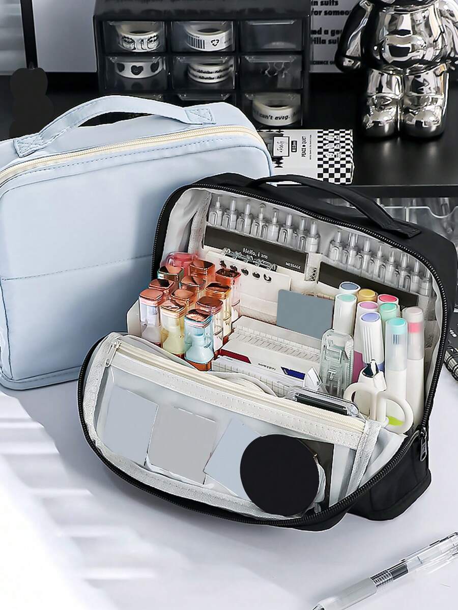 1 Peça Estojo grande de capacidade grande de cor sólida simples para estudantes, Bolsa de armazenamento com múltiplas camadas grossas de tecido para artigos de papelaria e cosméticos, De volta para a escola, De volta às aulas, Materiais escolares, Estojo de lápis, Mochila escolar