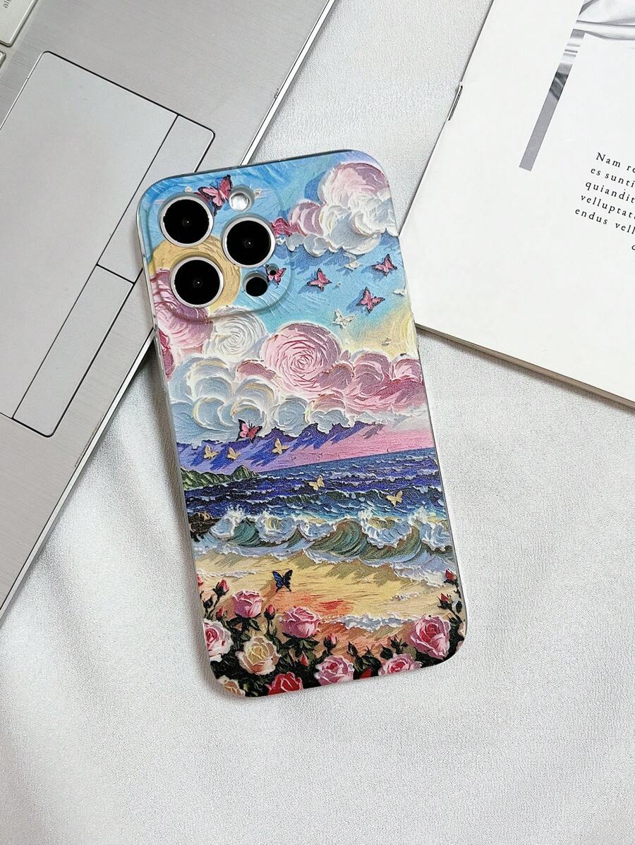 1 pieza Estuche de teléfono con patrón de paisaje marino y puesta de sol de TPU transparente y anti-caída, compatible con 15 Pro Max, S24 Ultra, Redmi 13C