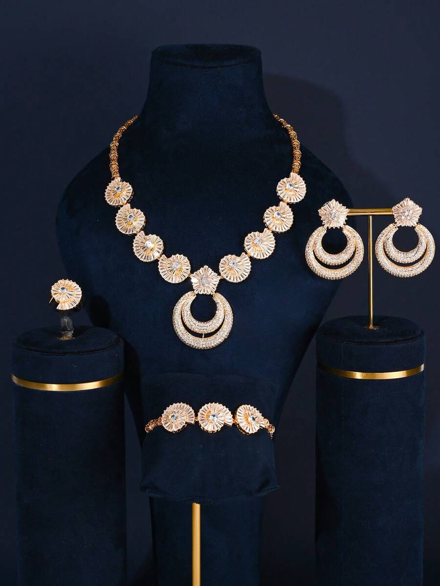 New Zirconia Middle East/Dubai Bride Wedding 4pcs Set: Necklace, Earrings, Bracelet, Ring, Star & Moon Pendant Design, Suitable For Banquet