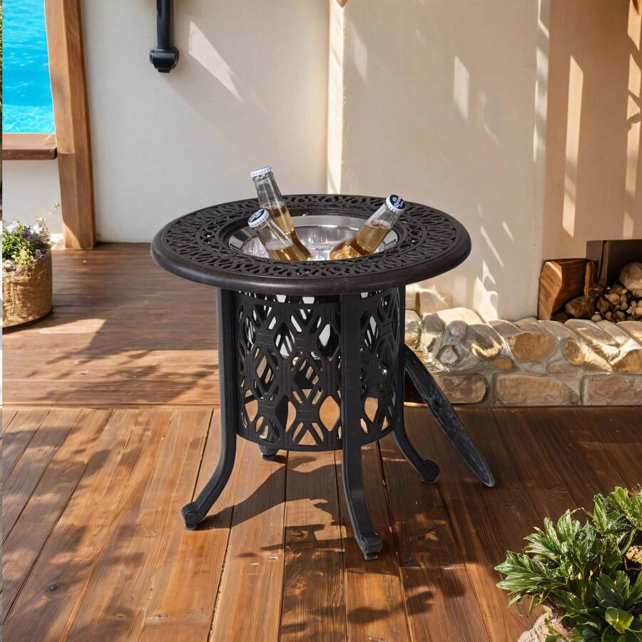 Outdoor Summer Pail Table Set, Hand Brushed Patina/Bronze Cast Aluminum, 304 Stainless Steel Ice Bucket