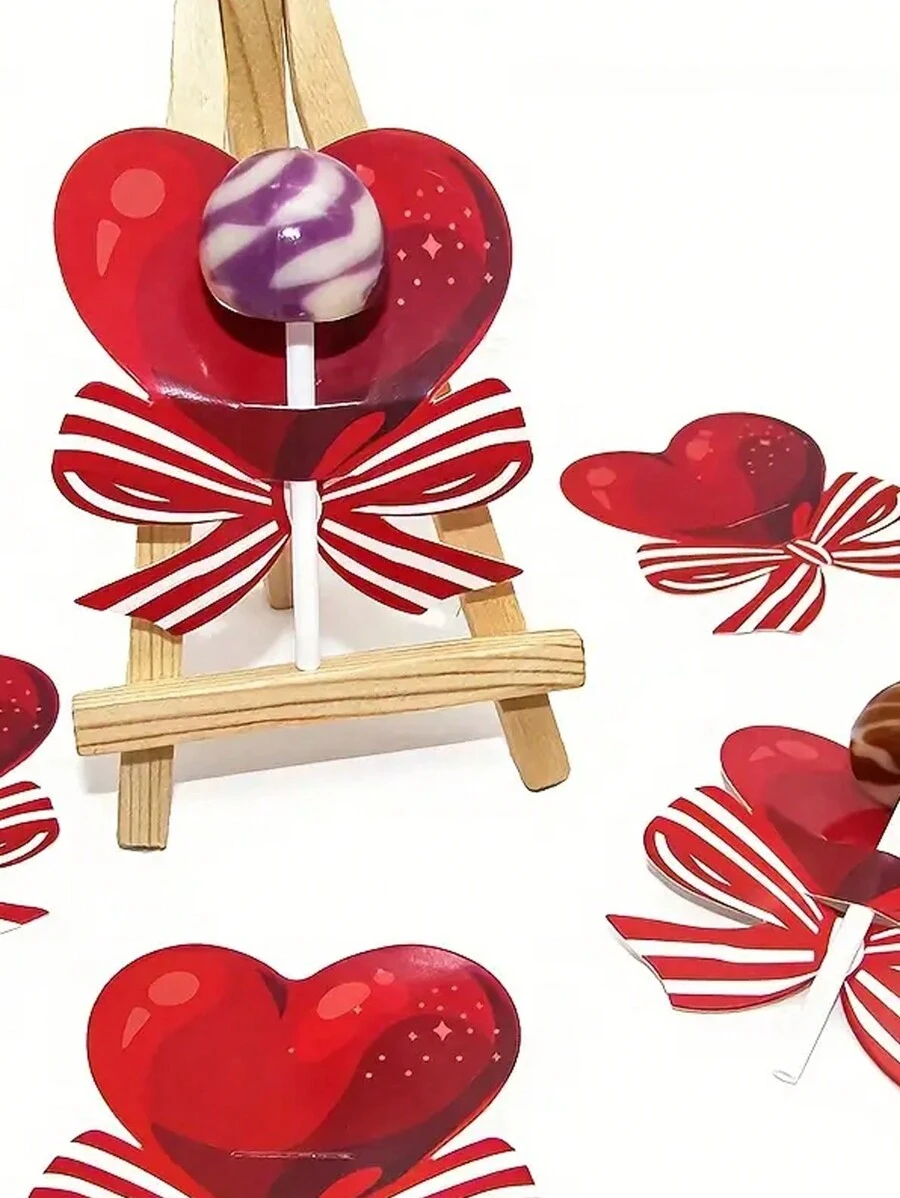 50pcs Red Love Knot Shaped Paper Lollipop Cards, Candy Packaging Paper Lollipop Racks, DIY Lollipop Decoration Cards, Engagement And Wedding Candy Processing Paper Boxes, Candy Decoration Products