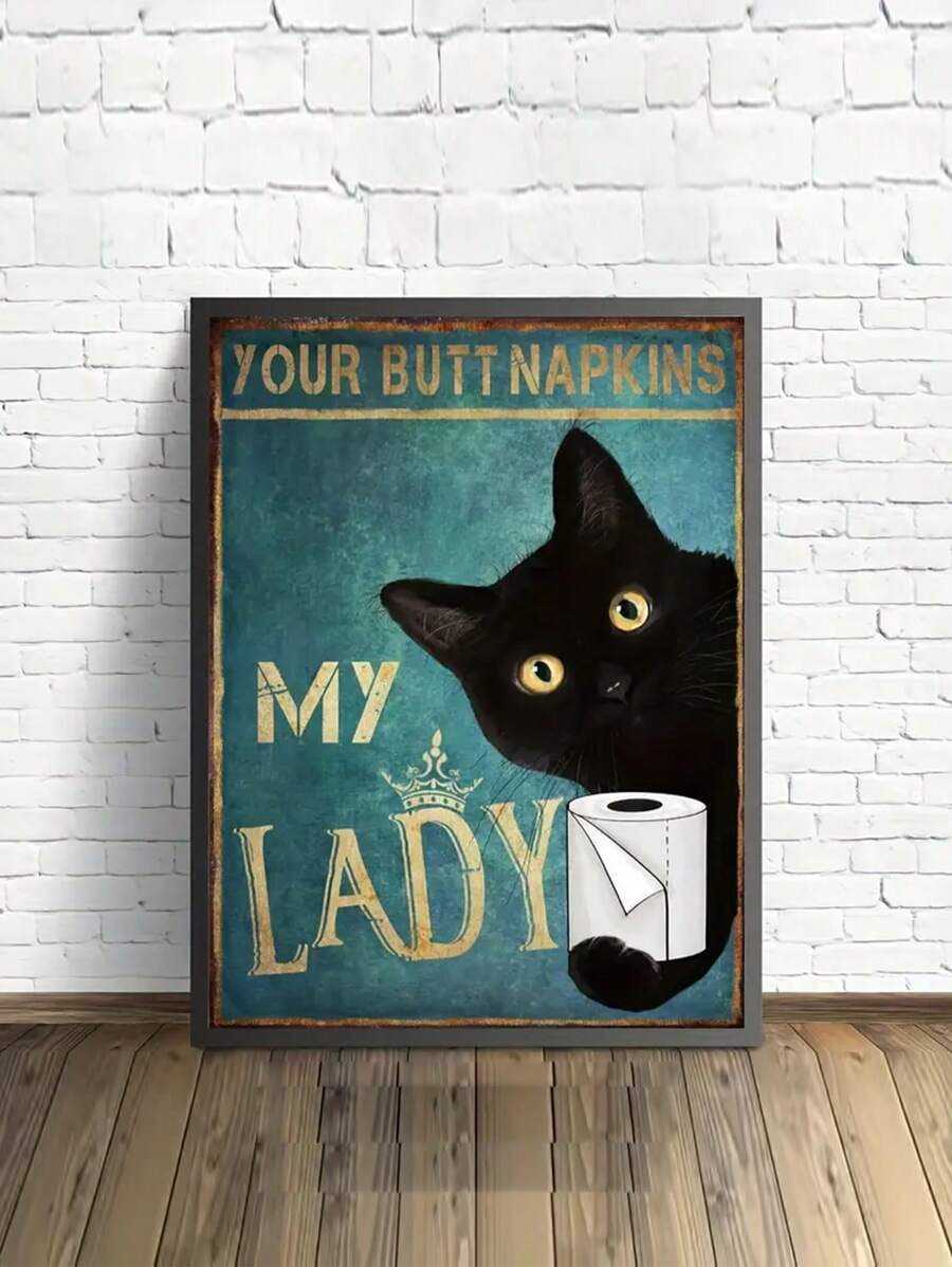 1 pieza Cuadro de pared de lienzo divertido para baño impresión de imagen de gato negro decoración de inodoro, su servilleta mi dama cartel teja sin marco arte de animales para decoración de baño
