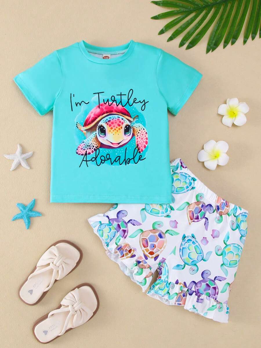 2 piezas/Conjunto Camiseta de punto de manga corta estampada con tortuga marina y nadador para niña joven casual + pantalones cortos a juego con dobladillo estampado de tortuga marina, primavera/verano