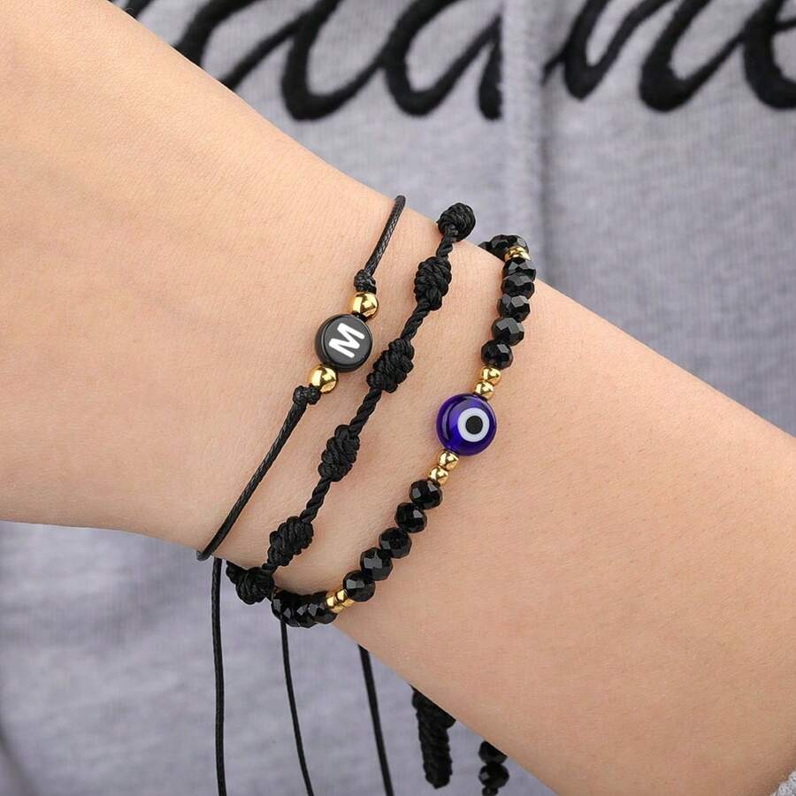 Ensemble de 3 bracelets à lettre à œil maléfique en verre tressé à la main avec sept cordes noires pour femmes