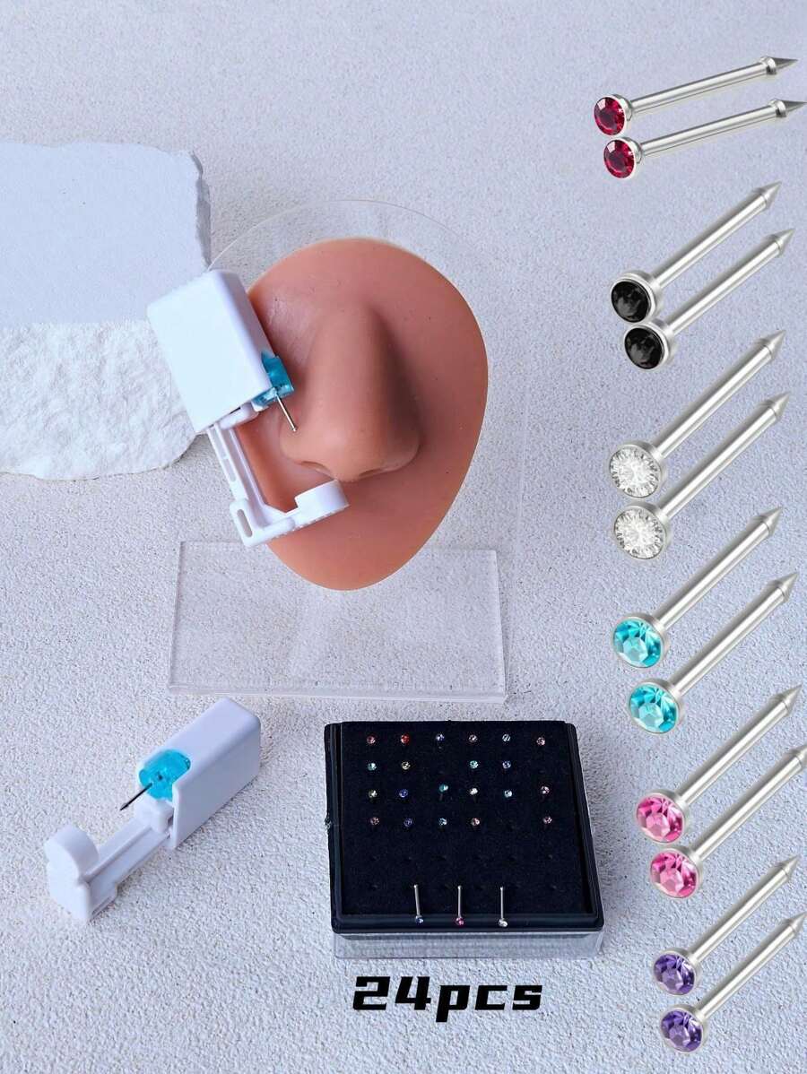 26 buc/1 set Kit de piercing la nas steril, pistol de unică folosință pentru dureri reduse, știft pentru nas încorporat cu culori roz/alb/negru/violet/albastru cer/roșu, 20G (24 bucăți asortate de știfturi pentru nas drepte cu mreană, cu pietre prețioase colorate aleatoriu), potrivite pentru Bărbați, femei și studenți pentru instrumente și accesorii de frumusețe pentru piercing