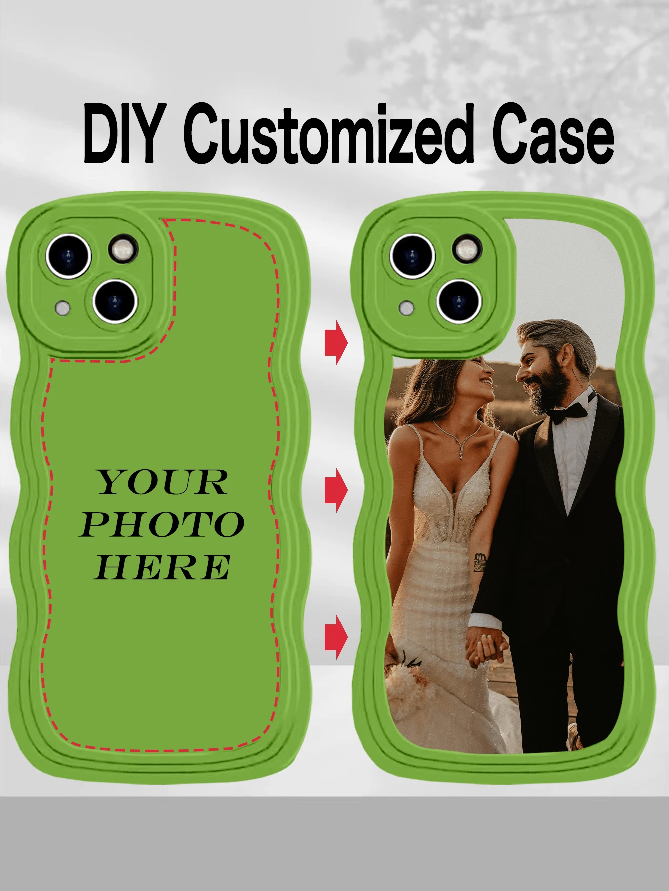 Green 1pc Personalized Custom Full-Covered Silicone Camera Lens Protection Phone Case With Picture/Photo Printing, Compatible With IPhone 15/14/13/12/11 Pro Max Wedding