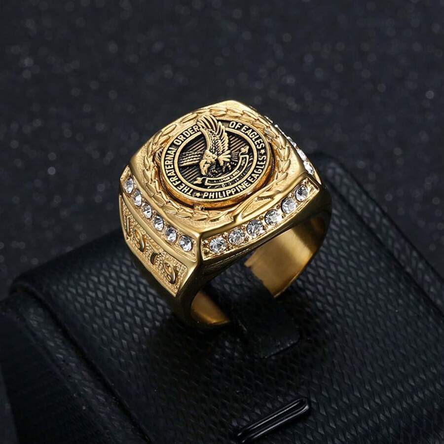 1 pièce Bague pour homme en acier inoxydable haut de gamme plaquée or sous vide avec aigle philippin incrusté de diamants , bijoux en acier inoxydable