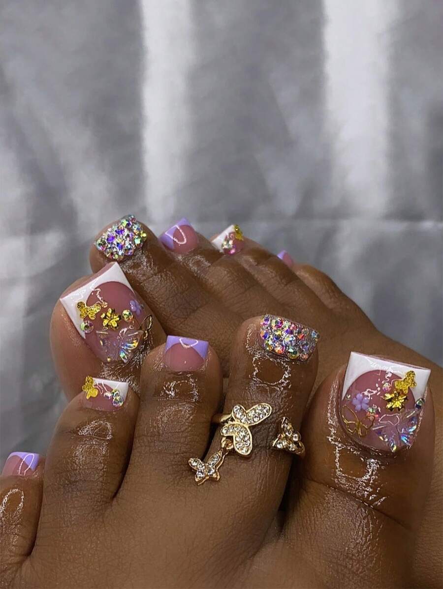Minimalism Cute 24Pcs Handmade 3D Colorful Butterfly Gold Flower Sparkling Diamond Full Cover French Style Fashionable Luxury Nails For Any Occasion Press On Nails