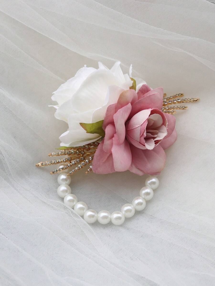 1 Stück wunderschöne rosa & weiße koreanische Braut Handgelenkscorsage, Brautjungfern Hochzeitsfeier Accessoire, hochwertige Braut Gunst, hervorragende Perlen Kette Armband Valentinstag