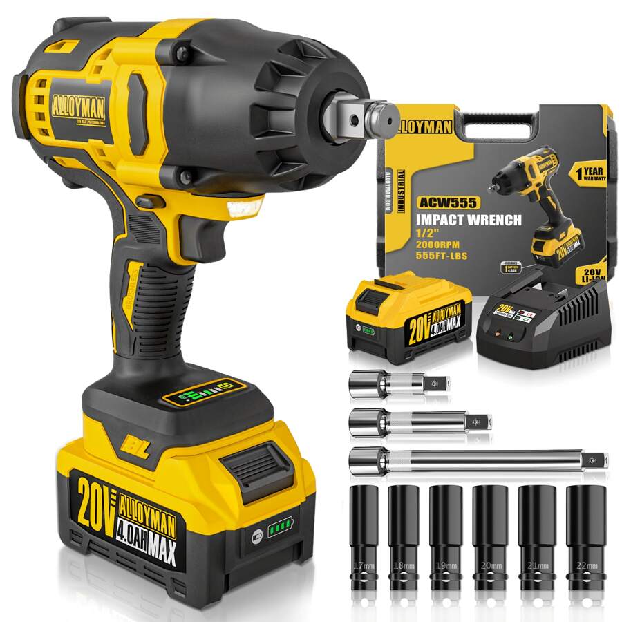 Alloyman 1/2 Inch Impact Wrench Cordless, Max Torque 555 Ft-Lbs Battery Impact Wrench 20V Brushless Motor 2000 RPM, With 6 Sockets, 3 Extension Bars, 4.0 AH Li-Ion Battery And 1 Hour Fast Charge Tools