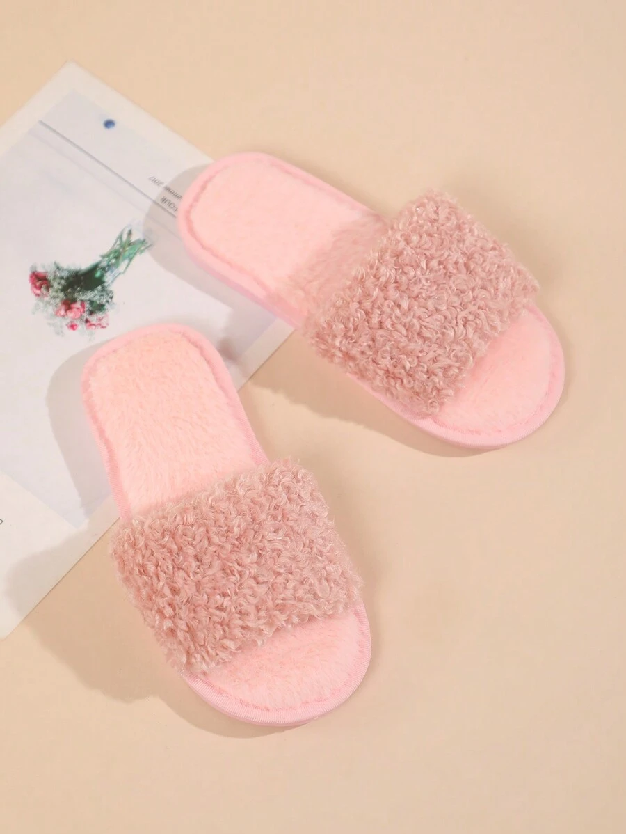 Children's Fashion Fluffy Open-Toe Pink Plush Slippers For Everyday Indoor Wear